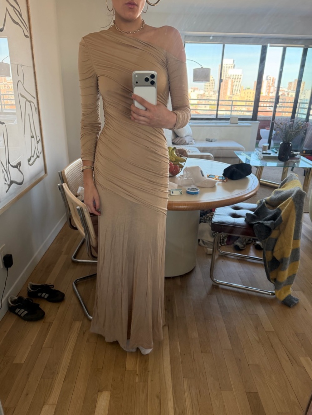SER.O.YA One-Shoulder Ruched Maxi Dress in Beige